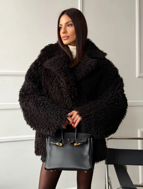 Коричневая дубленка из меха Тиградо - фото 12