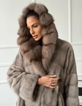 Шуба-кимоно норка в пол с капюшоном куница - фото 6