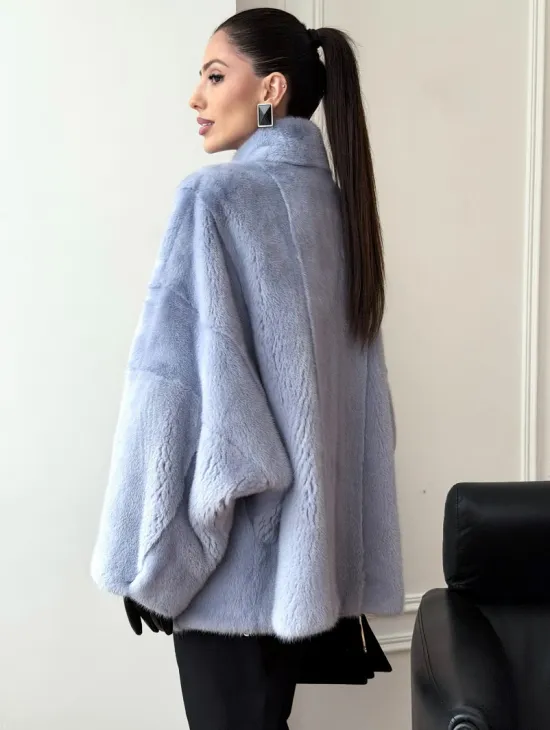 Голубой норковый полушубок - летучая мышь - фото 5