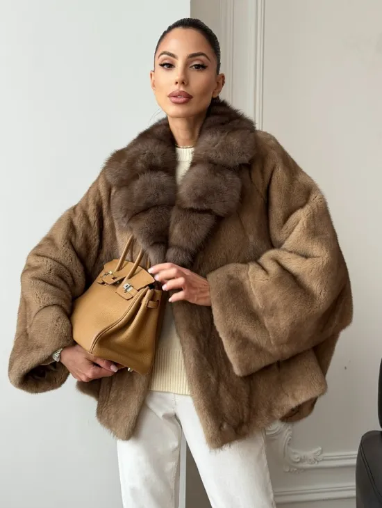 Норковый полушубок с воротником куницы 70 см - фото 0