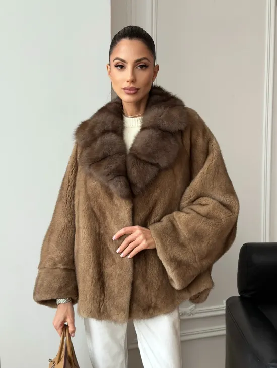 Норковый полушубок с воротником куницы 70 см - фото 10