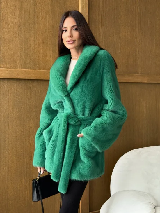 Шуба из плюшевой норки VELVEТ - изумруд - фото 11