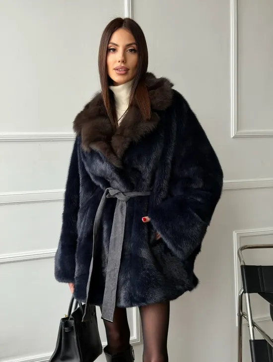 Норковый полушубок летучая мышь с воротником куницы  Dark Blue - фото 10