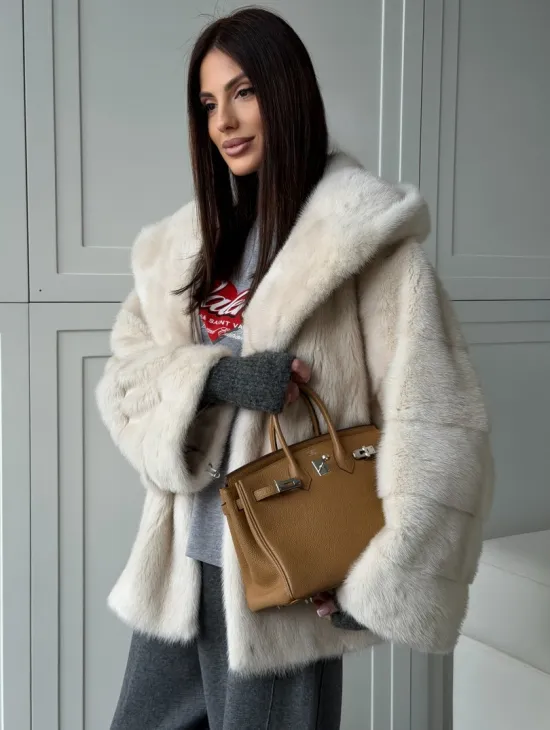 Норковый полушубок с капюшоном кобра - фото 7