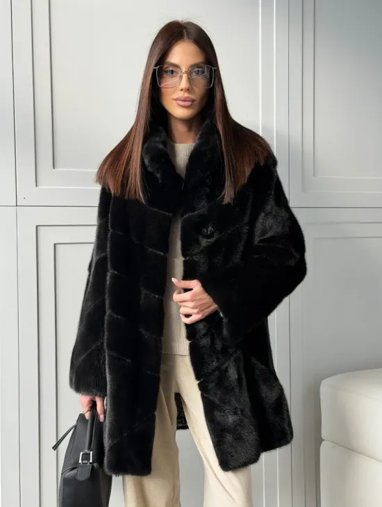Черная норковая шуба - стойка воротник - фото 9