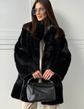 Черная норковая шуба - стойка воротник - фото 3