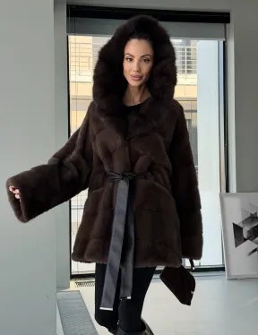 Норковая шуба кимоно с капюшоном куница - фото 14