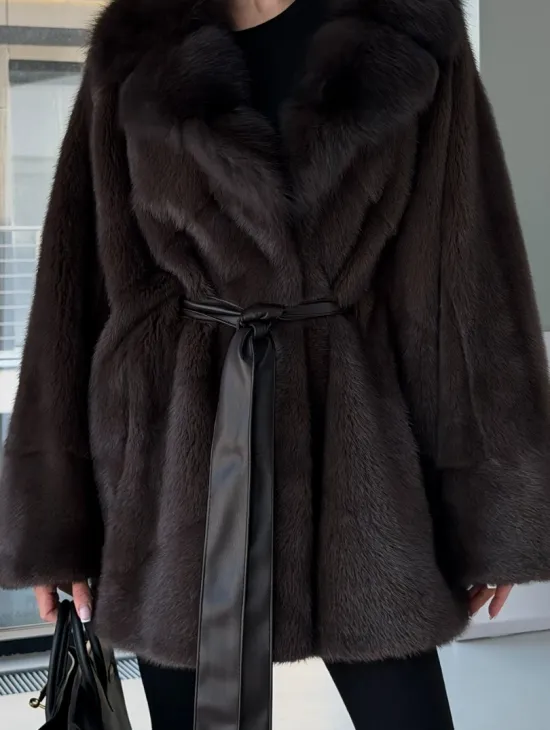 Норковое автоледи с воротником из куницы - фото 1