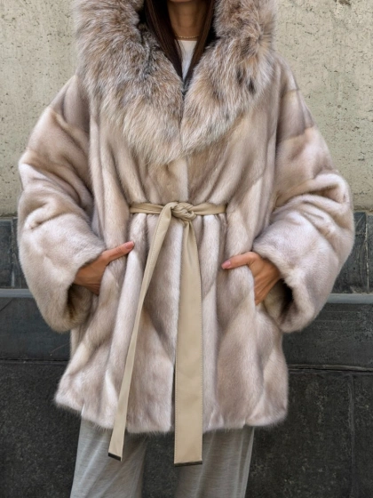 Норковая шуба oversize с капюшоном из рыси - фото 6