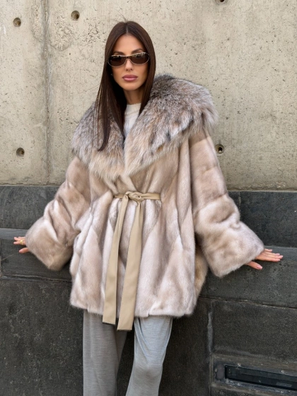 Норковая шуба oversize с капюшоном из рыси - фото 0