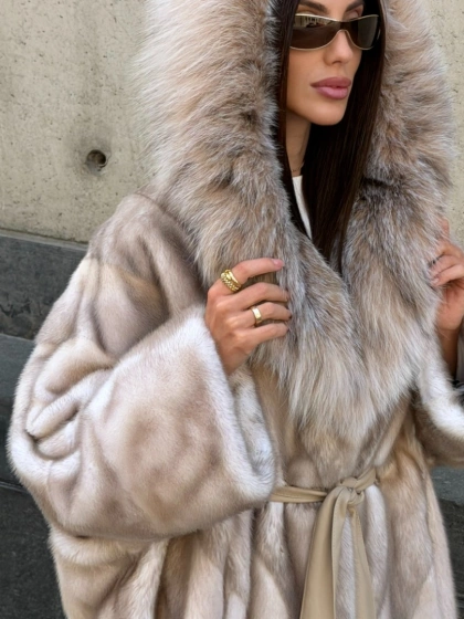 Норковая шуба oversize с капюшоном из рыси - фото 4