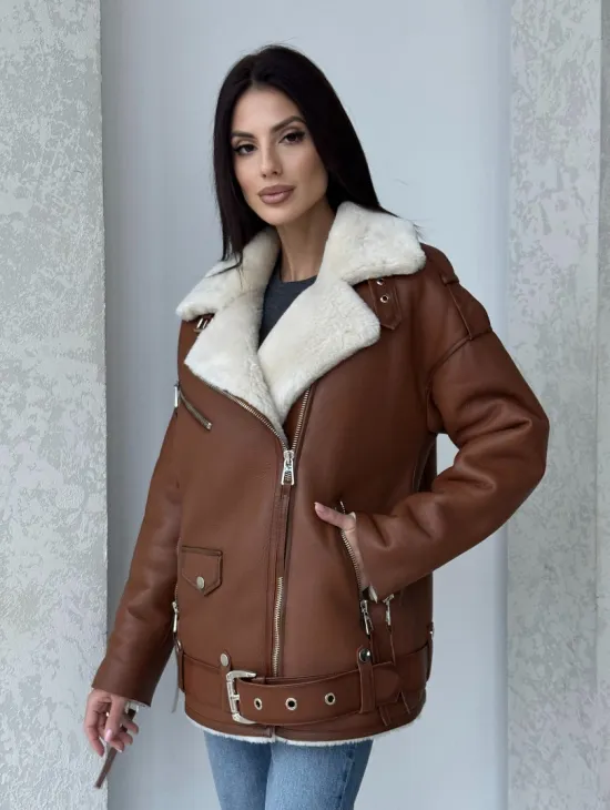 Дубленка авиатор из натуральной кожи в цвете виски - фото 10