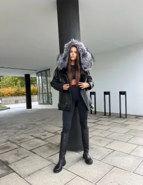 Дубленка - косуха с капюшоном из меха чернобурой лисы - фото 8