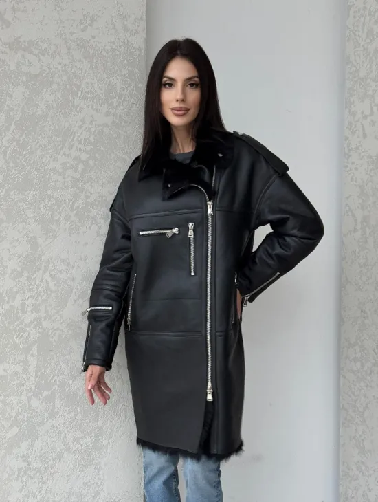 Удлиненная дубленка - авиатор из натуральной овчины с мехом тосканы - фото 9