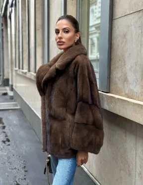 Норковый полушубок с английским воротником - цвет орех - фото 9