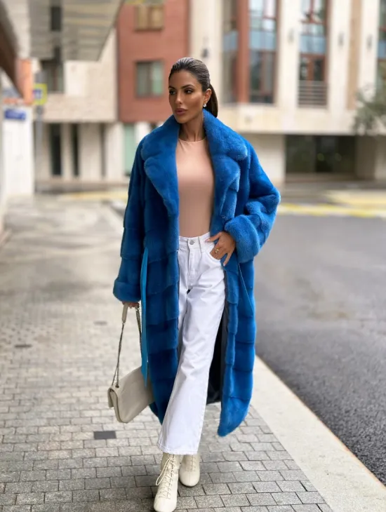 Шуба халат из меха норки - цвет электрик - фото 5