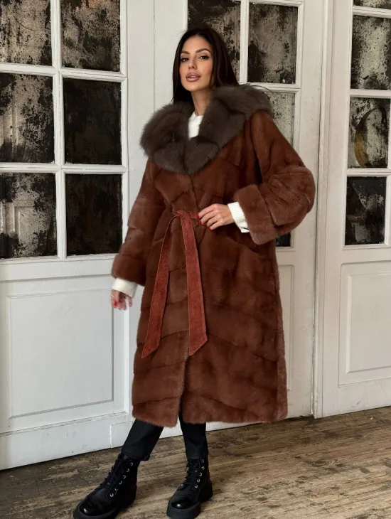 Эксклюзивная норковая шуба с капюшоном из куницы - цвет терракотовый - фото 8