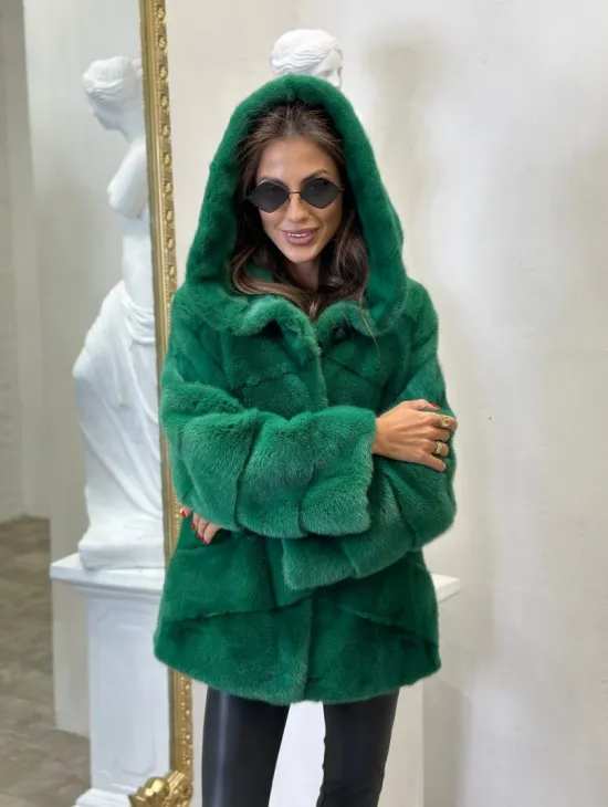 Норковый полушубок с капюшоном - цвет изумруд - фото 2