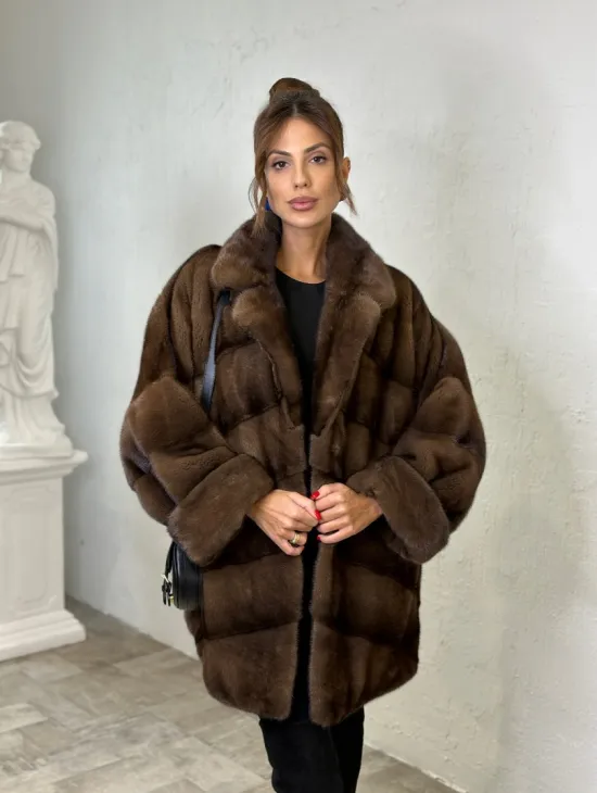 Шуба из аукционной норки английский воротник - цвет орех - фото 5