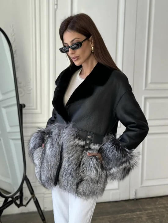 Дубленка с мехом чернобурки - цвет черный - фото 3
