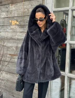 Шуба норковая с капюшоном - цвет графит - фото 0