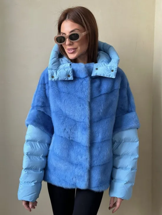 Норковый пуховик/жилет 2в1 - цвет голубой - фото 0