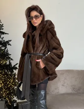 Норковый жакет с капюшоном, роспуск в цвете орех - фото 4