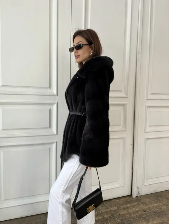 Норковый жакет с капюшоном, роспуск - цвет графит - фото 6