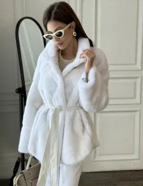 Белая шуба из меха норки (крестовка) стойка воротник - фото 2