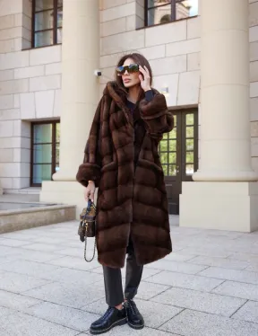 Шуба норковая с капюшоном - цвет соболь - фото 3